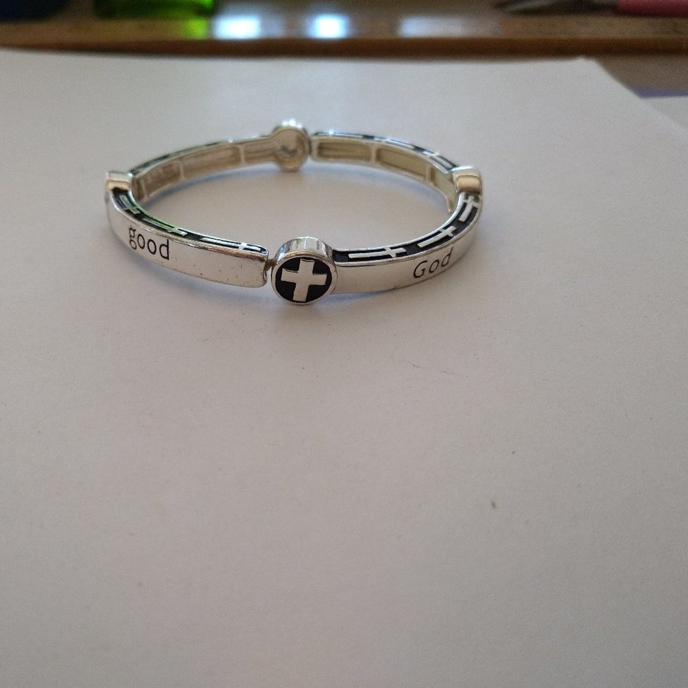 silver toned and black bracelet men or women stretch God is good